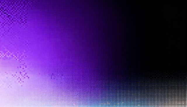 Violet halftone gradient pixel grid featuring mosaic dots, neon blue glow, dark vignette