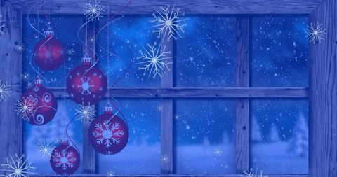 Festive Christmas Ornaments Hanging by Snowy Window