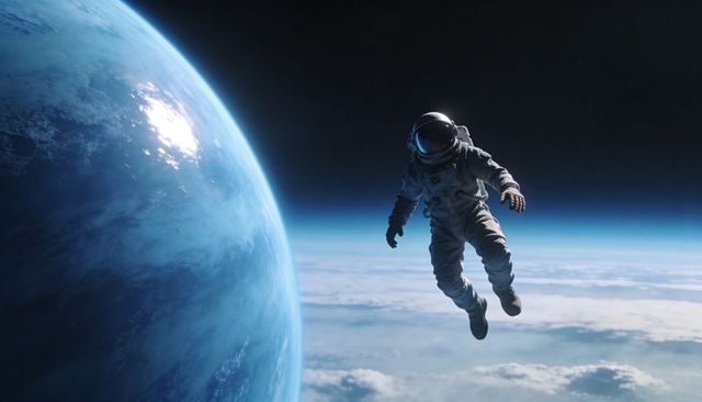Astronaut Floating Above Earth in Low Orbit with Sun Glint and Solitary Drift