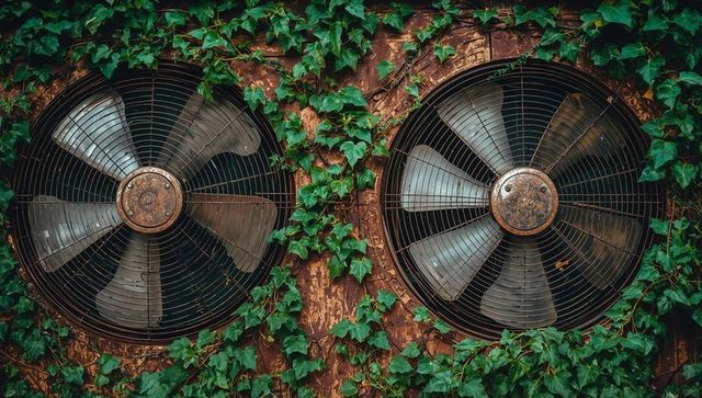 Rusty industrial fans framed by ivy on weathered wooden wall, vintage ventilation detail