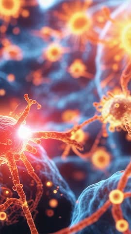 Drifting spiky virus rotating and fusing with host cell surface in vertical biomedical video