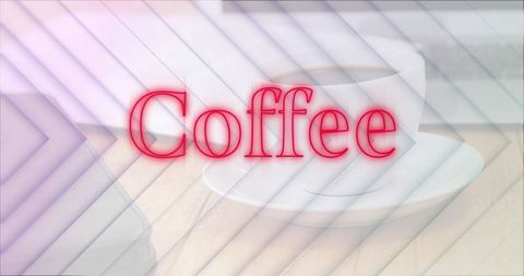 Modern Coffee Hub: Distinctive Red Text Over Cozy Workspace