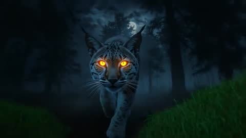 Moonlit lynx prowling through foggy forest toward camera with glowing eyes