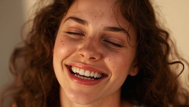 Joyful freckled woman smiling with eyes closed curly brown hair radiant closeup headshot