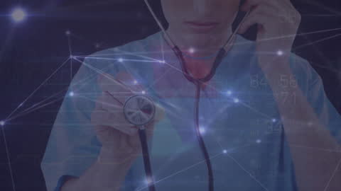 Doctor Using Stethoscope with Digital Network Overlay