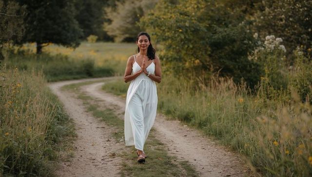 Sunlit meadow meditation: woman walking mindfully along curving dirt path in white dress