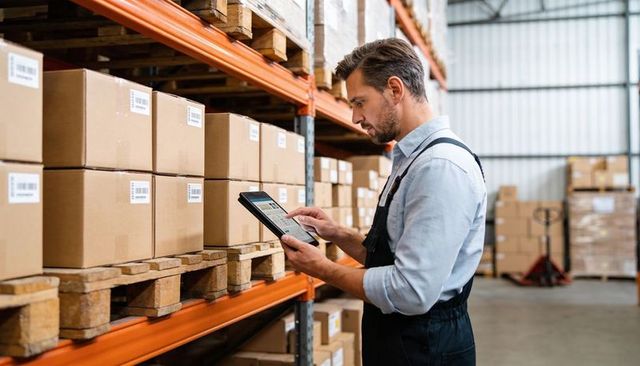 Warehouse technician scanning barcodes with tablet on pallet racks for real-time inventory control