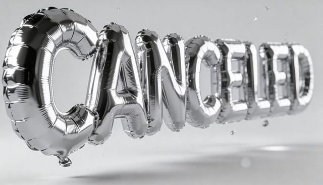 Floating chrome foil balloons spelling cancelled with droplets minimalist monochrome