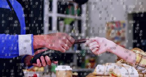 Exchanging Contactless Card Payment at Cafe Counter with Binary Data Overlay