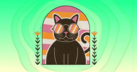 Stylish black cat with rainbow sunglasses in colorful frame