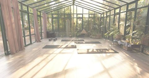 Sunlit Glass Conservatory Yoga Studio Basking in Warm Light with Mats and Plants