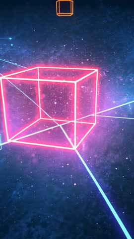 Emerging Neon Cube Activating Blue Lasers, Rotating Orange Cube, Cosmic Cyberpunk Vertical Video