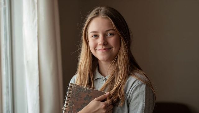 Sunlit teenage girl holding spiral floral notebook by window, soft natural light portrait