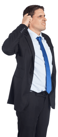 Confused Businessman in Suit with Blue Tie Transparent Background