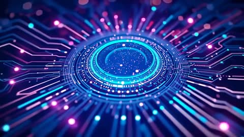 Futuristic Neon Circuit Board with Digital Data Flow Concept