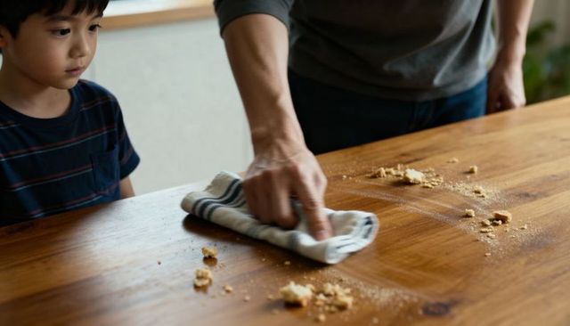 Parent wiping wooden kitchen table with striped towel while child watches crumbs cleanup