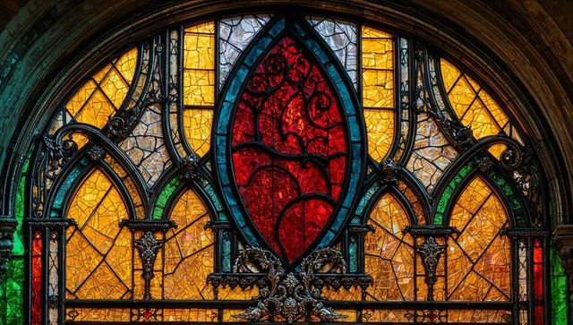 Gothic stained glass window with intricate ironwork tracery