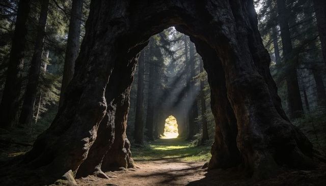 Ancient Hollow Conifer Arch Opening to Glowing Sunlit Forest Clearing with Sunbeams