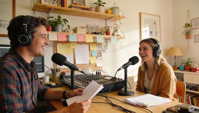Recording podcast cohosts collaborating in cozy home studio with mixer and headphones