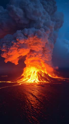 Volcano erupting on ocean island with flowing lava and rising ash plume - vertical video