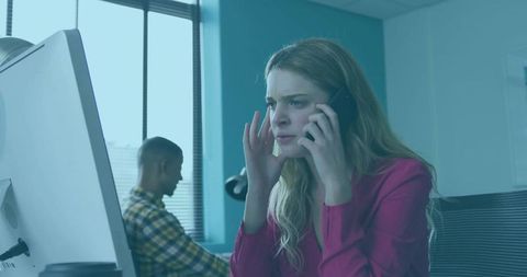 Professional Woman Communicating Smartphone Office Desk