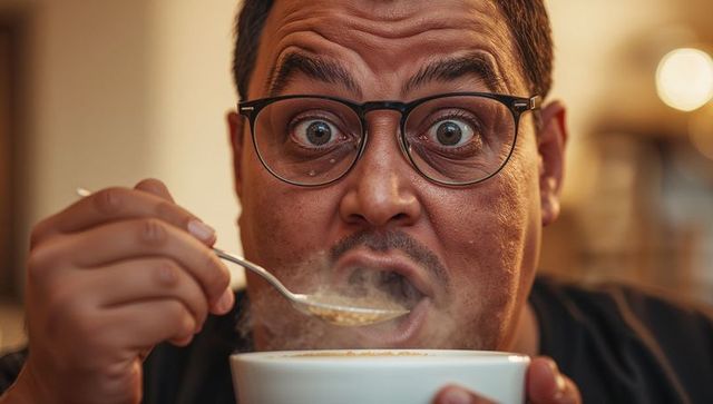 Man wearing glasses tasting steaming soup closeup expressing surprise and cozy warmth