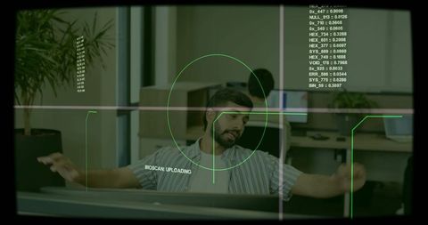 Office worker under biometric hud targeting head, security surveillance concept