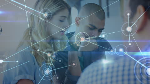 Diverse Colleagues Debating Innovative Solutions in Modern Office with Digital Network Overlay