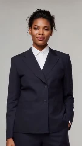 Vertical corporate video of standing woman smiling in navy blazer with hand in pocket