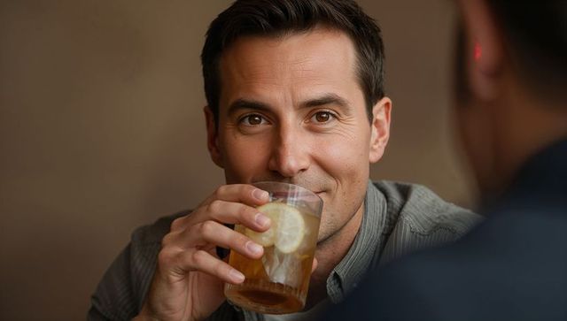 Man smiling while raising lemon iced tea glass in cozy café during casual social conversation