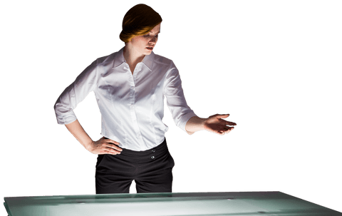 Professionally dressed businesswoman on transparent background offering hand