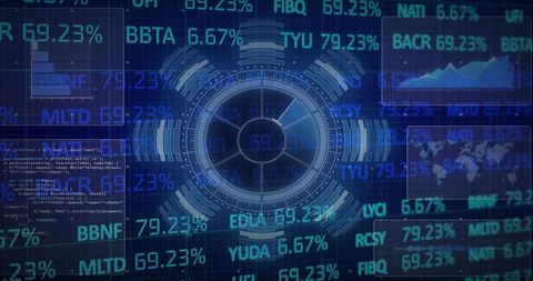 Futuristic financial hud dashboard displaying circular data visualization with stock tickers