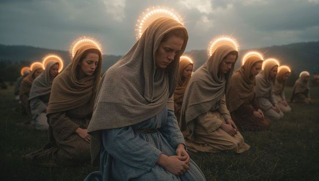 Mystical women with radiant halos meditating at dusk