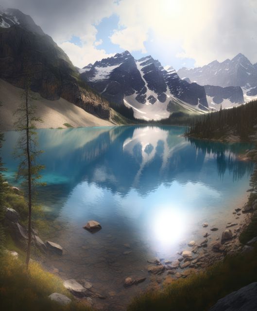 Landscape with mountains, forest and lake created using generative ai technology. Landscape and nature concept digitally generated image.