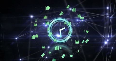 Cyber Network with Digital Clock and Dynamic Financial Dataogram - Download Free Stock Images Pikwizard.com