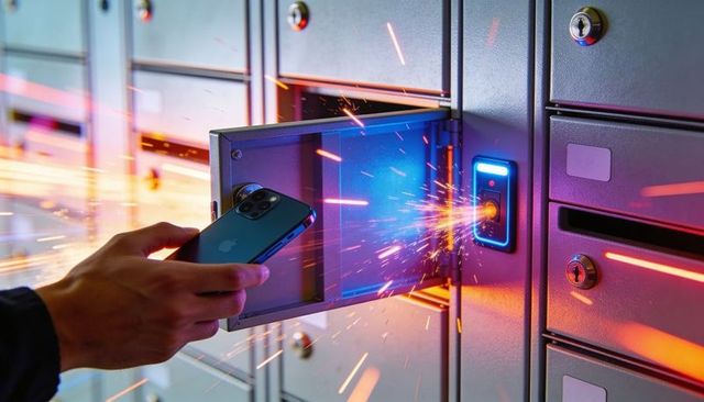Holding smartphone opening sparking metal locker with blue led security and neon glow