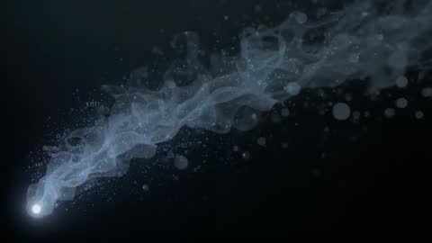 Glowing Orb Trailing Digital Smoke and Data Particles Through Dark Void