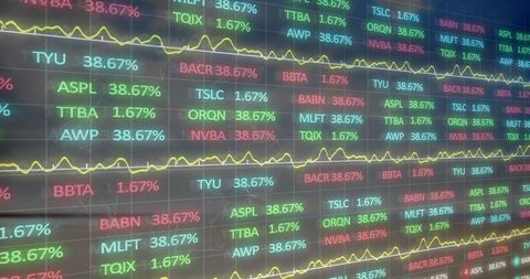 Financial data display with dynamic graph lines over cloudy sky