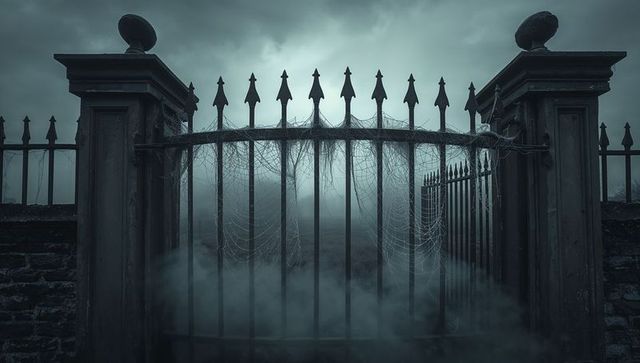 Eerie gothic graveyard gate with fog and cobwebs