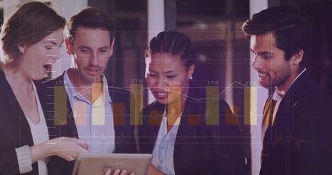 Business team analyzing tablet with overlay charts, collaborating on metrics and insights