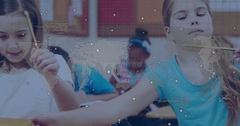 Young Students Sharing in Classroom with World Map Overlay