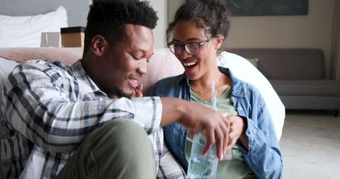 Happy Couple Celebrating Anniversary Home Relaxation