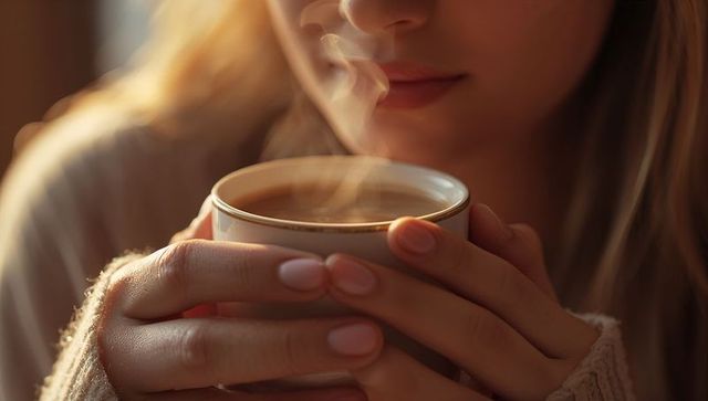 Cradling steaming mug in chunky sweater, woman bringing warm cup to lips for cozy morning
