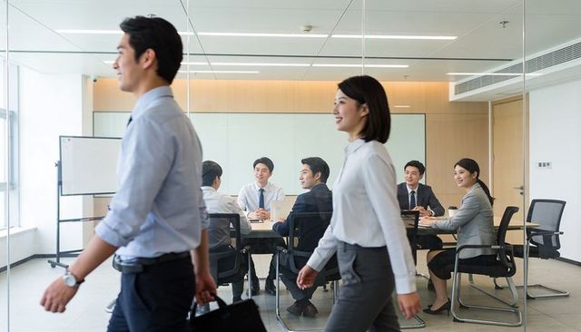 Professionals walking past glass boardroom while team discussing strategy around table