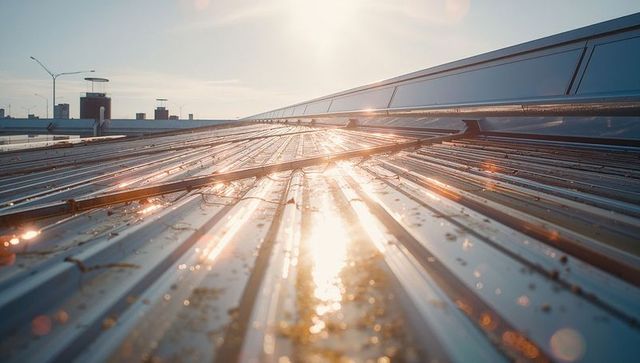 Sunlit Corrugated Metal Rooftop with Reflective Solar Infrastructure