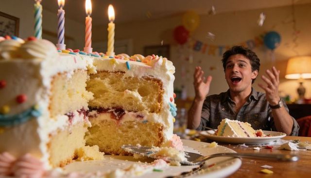 Surprised man cheering at birthday cake with missing slice, lit candles and confetti