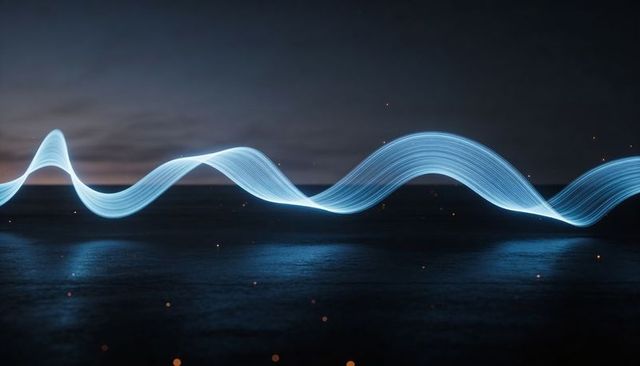 Glowing Cyan Wave Ribbon Tracing Sine Curve Over Reflective Surface During Dusk Neon