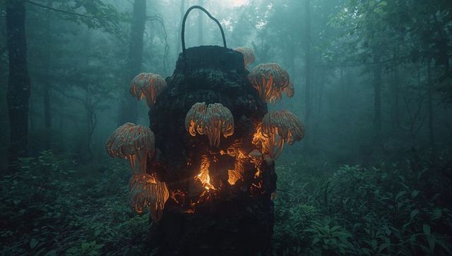 Mysterious forest with glowing fungus on tree stump illuminates mist
