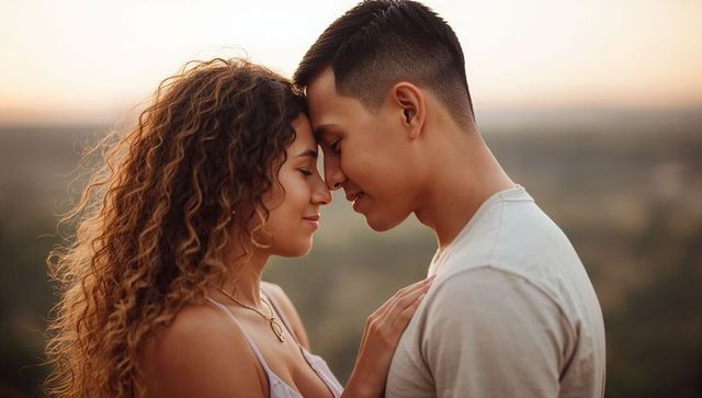 Young couple sharing tender forehead touch at sunset on hilltop, romantic close-up