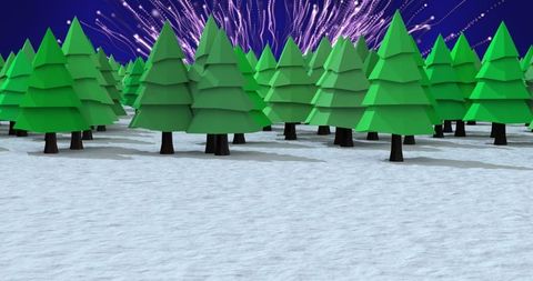 Cartoon forest on snowy landscape with fireworks in sky